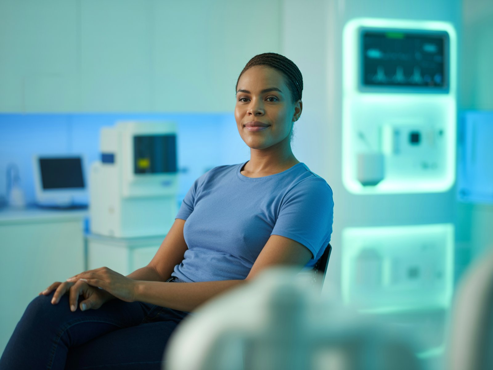 Cliente realizando exame em laboratório moderno